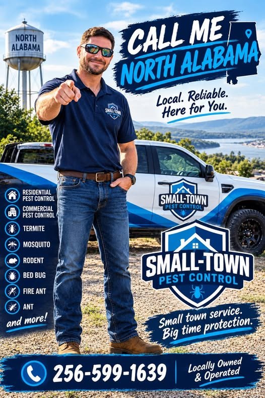 Small-Town Pest Control flyer: Call me, North Alabama. Local. Reliable. Here for you.