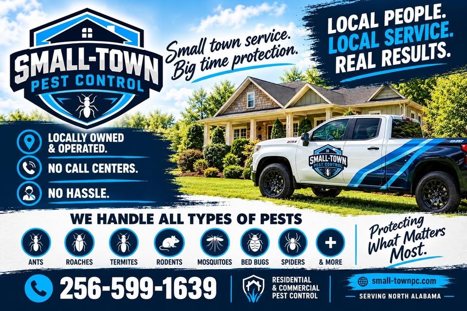 Small-Town Pest Control truck in front of a house